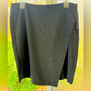 CAbi 8 faux Wrap Pencil skirt in dark gray and bronz side zip & button closure.